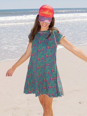 Natural Life Lily Knit Cotton Tee Dress Turquoise Floral Medallions Small